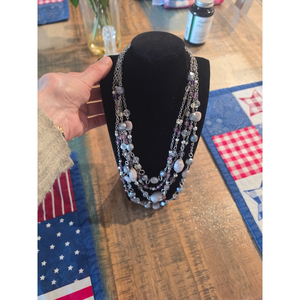 Multi Strand‎ Beaded Statement Necklace Silver Tone Lavender Pink Grey